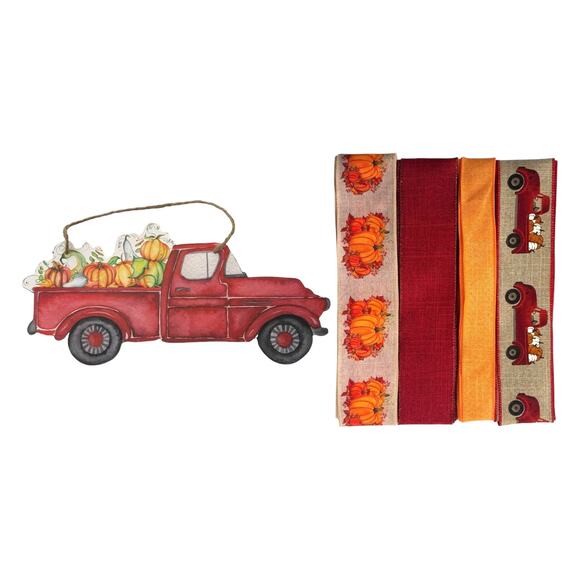 Red Truck Autumn Pumpkin Sign & Ribbons Bundle Set, DIY Wreath Making Kit - Picture 1 of 5